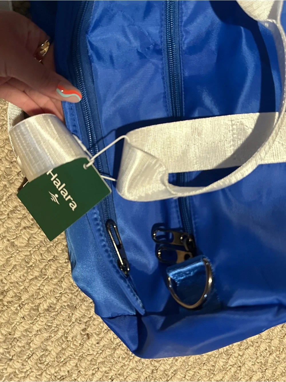 HALARA Blue Gym Duffel Bag with White Straps